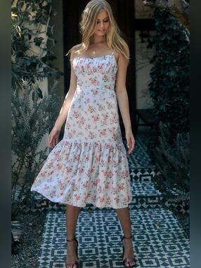 Bellevue The Label Rosetta Floral Midi Dress Drop Waist Size S Coquette Fairy